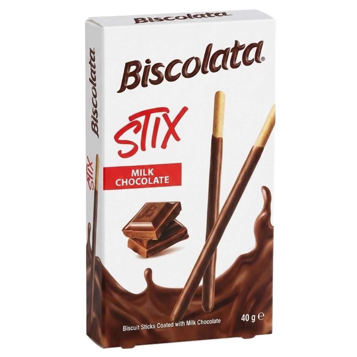 A 40g box of Biscolata Stix Biscuit Sticks coated with milk chocolate, featuring appetizing images on the packaging.