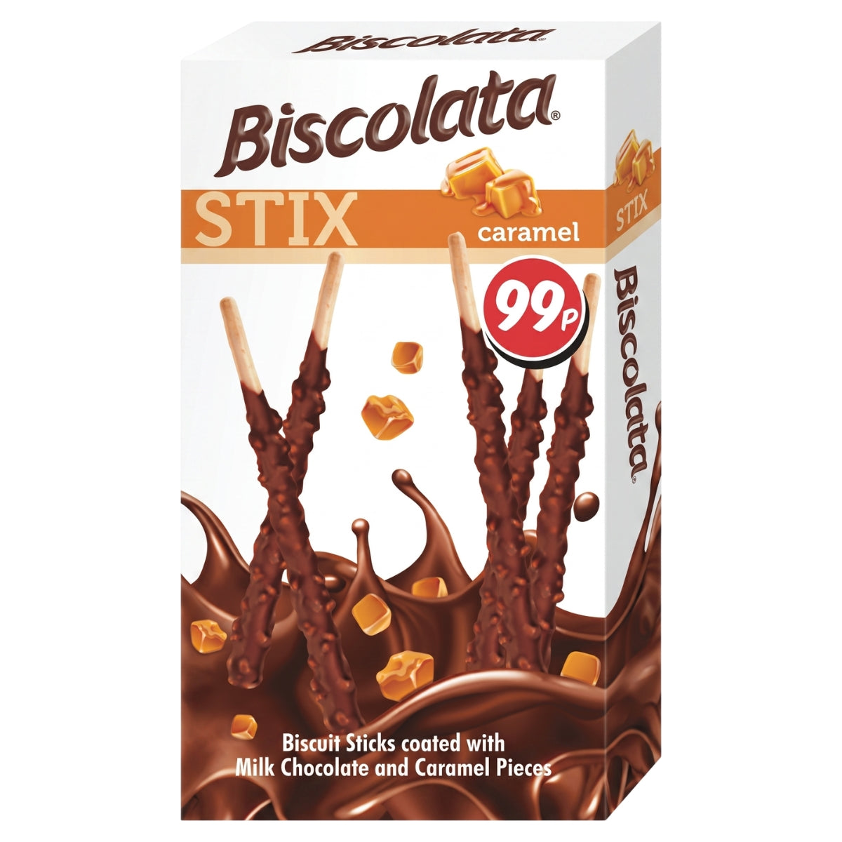 Biscolata Stix Biscuit Sticks Coated with Milk Chocolate & Caramel Pieces (36g), featuring caramel and chocolate splash graphics on the front, displays the biscuit sticks covered in milk chocolate and caramel pieces, with a 99p price label.