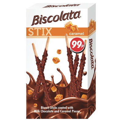Biscolata Stix Biscuit Sticks Coated with Milk Chocolate & Caramel Pieces (36g), featuring caramel and chocolate splash graphics on the front, displays the biscuit sticks covered in milk chocolate and caramel pieces, with a 99p price label.