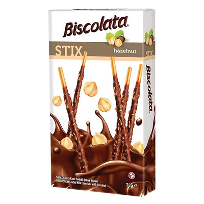 A 32g box of Biscolata Stix Biscuit Sticks coated with milk chocolate and hazelnut by Biscolata.