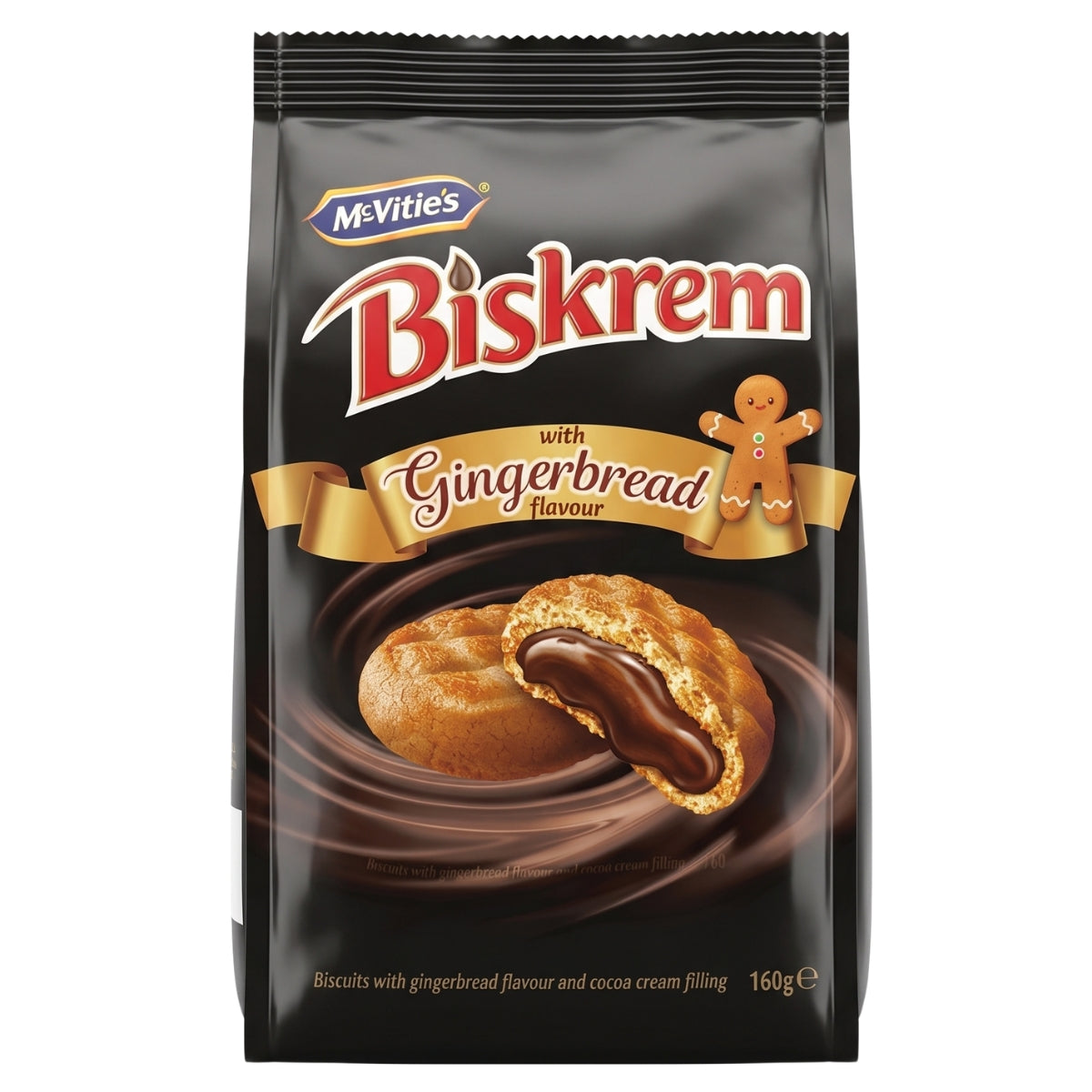 A 160g pack of Biskrem - Ginger Bread Biscuits with Cocoa Cream Filling, made with wheat flour and fat reduced cocoa powder, featuring an open biscuit and a gingerbread man illustration on the front.