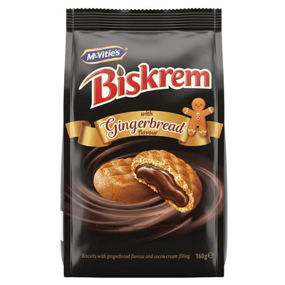 A 160g pack of Biskrem - Ginger Bread Biscuits with Cocoa Cream Filling, made with wheat flour and fat reduced cocoa powder, featuring an open biscuit and a gingerbread man illustration on the front.