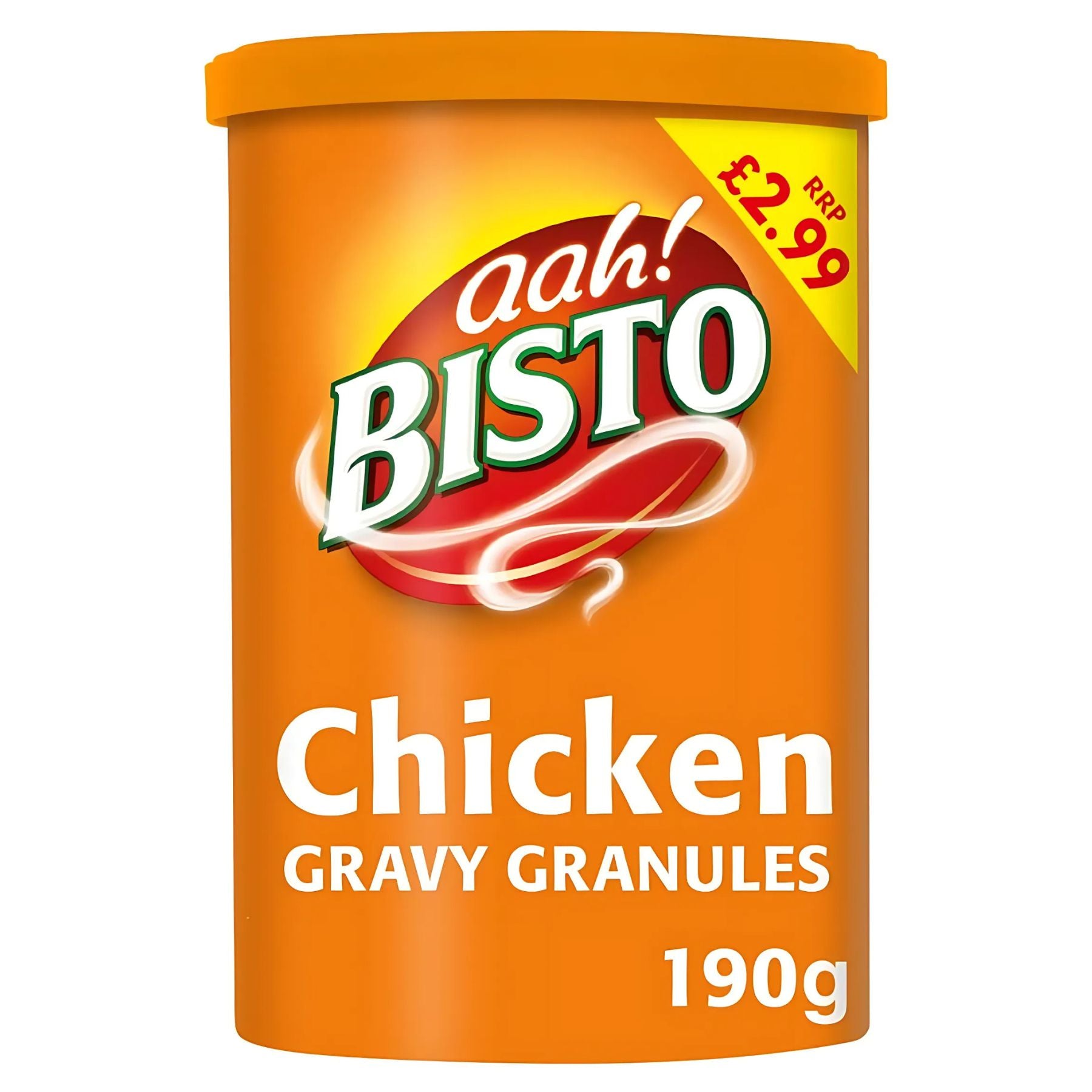 A 190g tub of Bisto - Chicken Gravy Granules with an orange label, priced at £2.99 in the top right corner—perfect for making delicious chicken gravy in minutes.