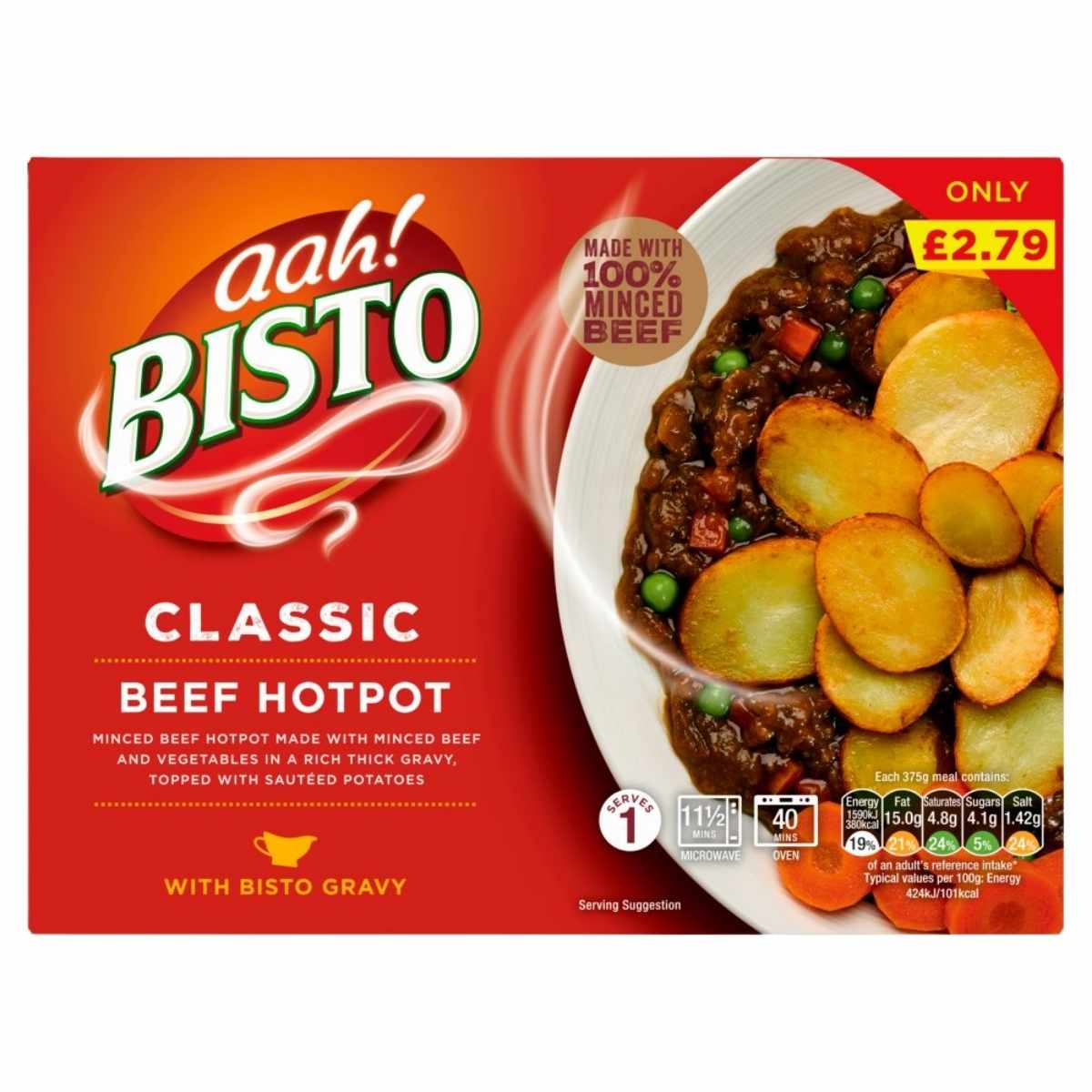 Bisto Classic Beef Hotpot 375g ready meal packaging shows a plate with sliced potatoes, beef, peas, and gravy, plus price and nutritional info. Brand: Bisto.
