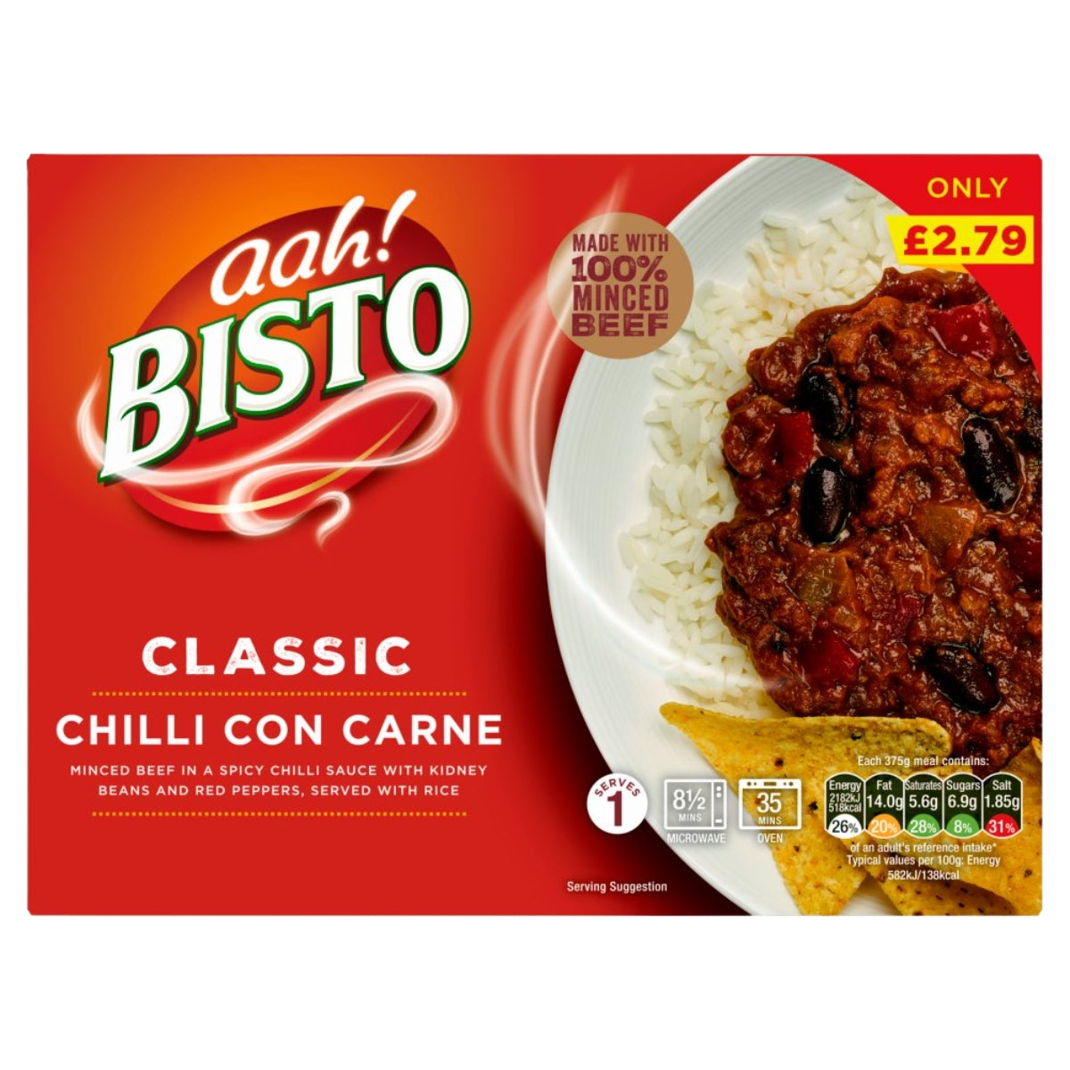 Aah! Bisto Classic Chilli Con Carne meal package, featuring a red box with a photo of chili sauce served over rice with tortilla chips, plus a yellow 'ONLY £2.79' price badge.