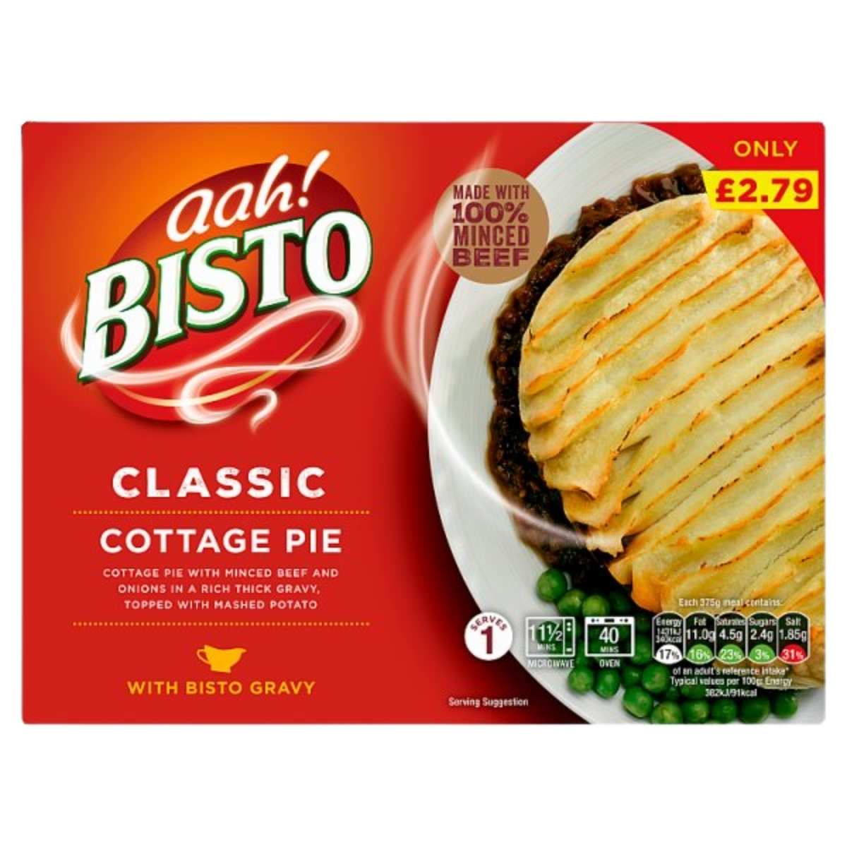 Bisto - Classic Cottage Pie (375g) features mashed potato topping, peas on the side, full product details, nutritional info, price, and a "Made with 100% Minced Beef" label.