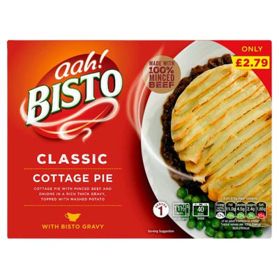 Bisto - Classic Cottage Pie (375g) features mashed potato topping, peas on the side, full product details, nutritional info, price, and a "Made with 100% Minced Beef" label.