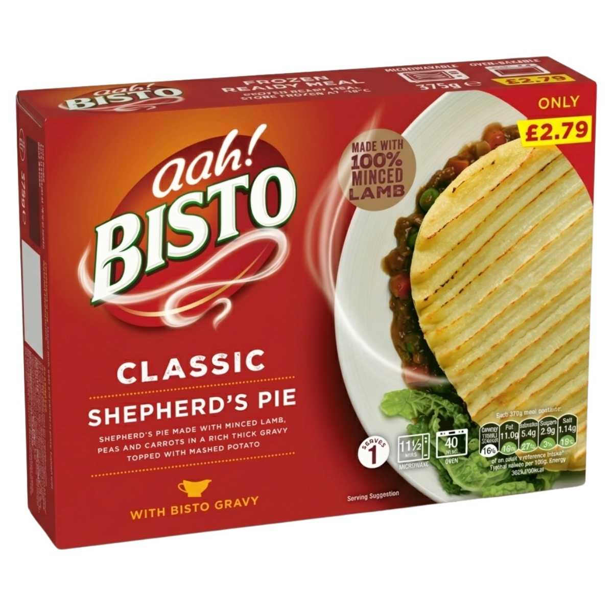 Box of Bisto Classic Shepherd's Pie (375g) by Bisto, showing pie with mashed potato topping, price label, and product info on the packaging.