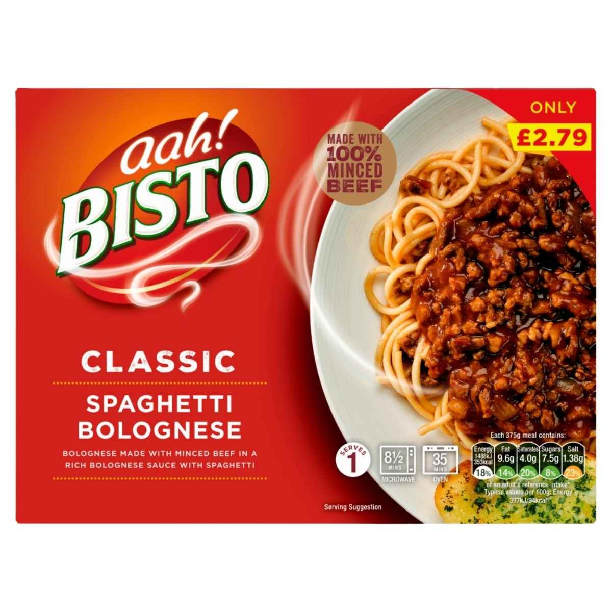 Bisto Classic Spaghetti Bolognese 375g box, featuring cooked spaghetti with meat sauce, priced at £2.79 and labeled as made with 100% minced beef.