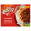 Bisto Classic Spaghetti Bolognese 375g box, featuring cooked spaghetti with meat sauce, priced at £2.79 and labeled as made with 100% minced beef.
