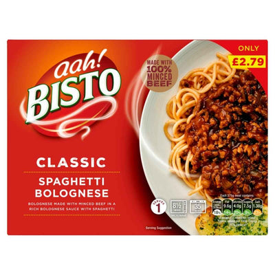 Bisto Classic Spaghetti Bolognese 375g box, featuring cooked spaghetti with meat sauce, priced at £2.79 and labeled as made with 100% minced beef.