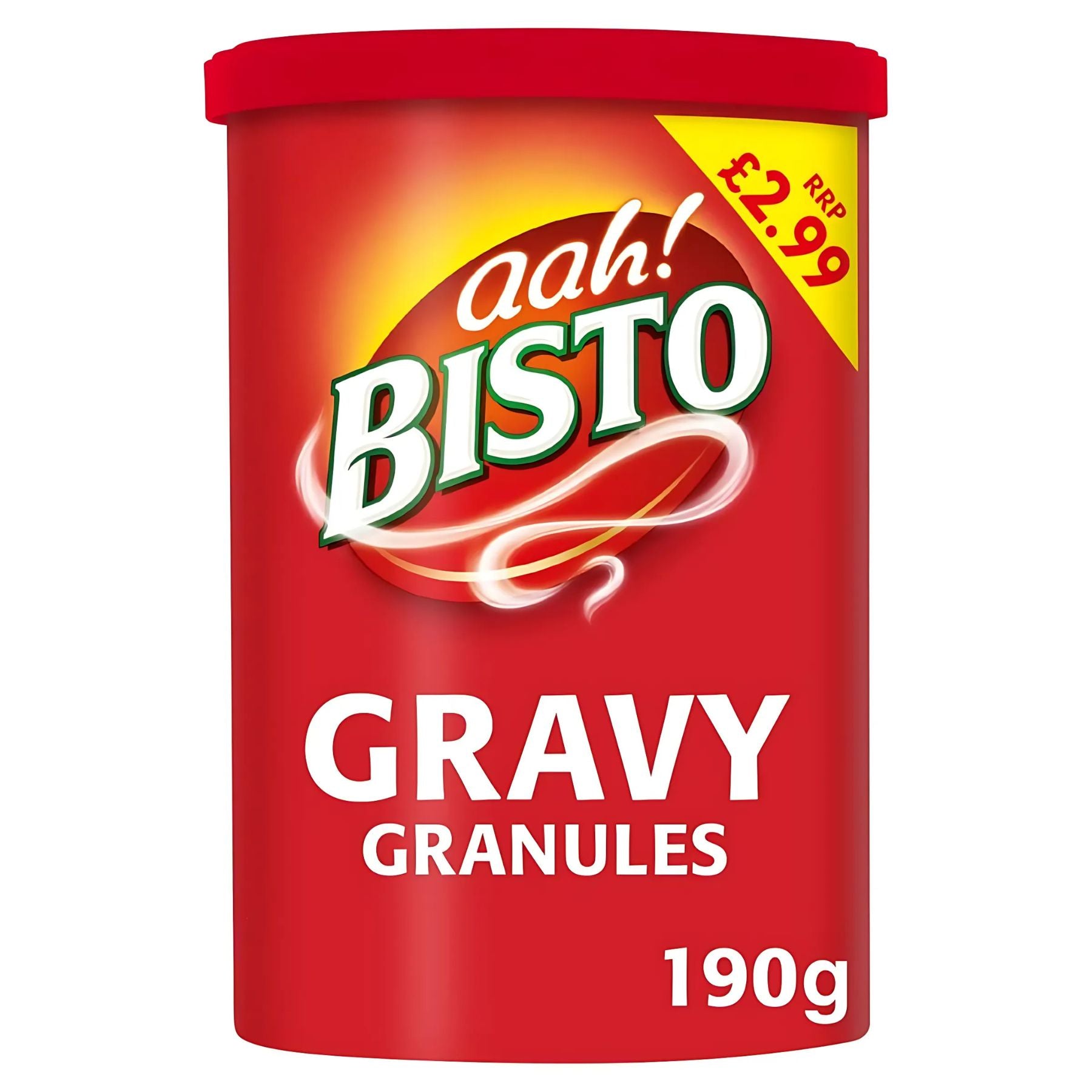 A 190g red container of Bisto Gravy Granules features a yellow £2.99 price label in the top right—ideal for making quick and easy gravy.