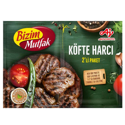 A package of Bizim Mutfak - Meatball Mix - 85g displays grilled traditional meatballs with green pepper and tomato slices on the front.