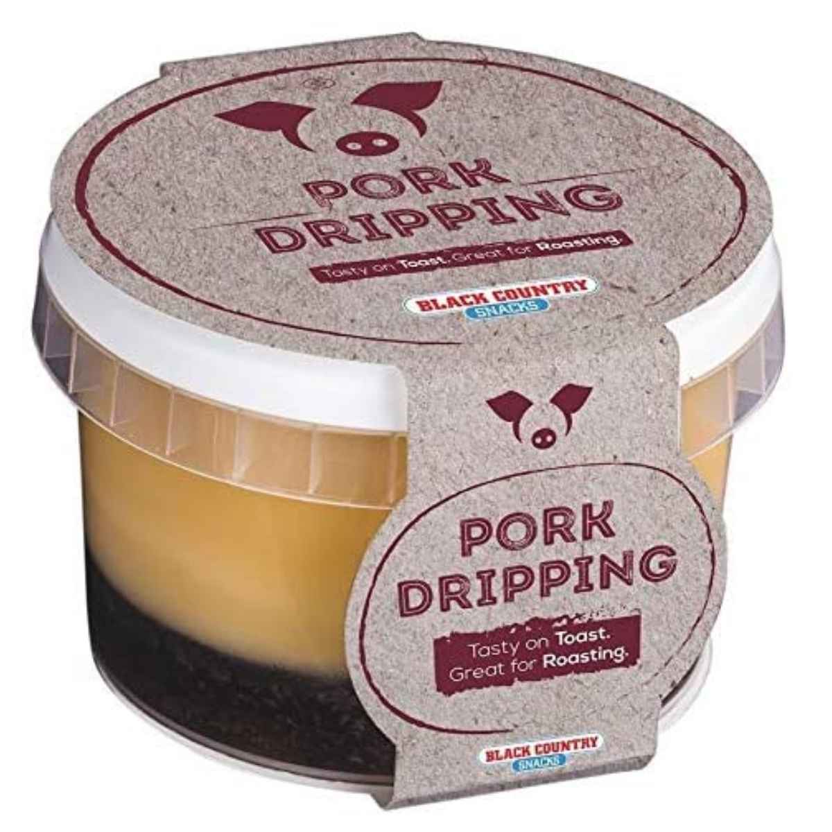 Plastic tub labeled "Black Country - Pork Dripping Fat Pot - 250g" with a brown design.