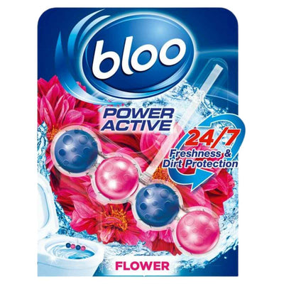 The Bloo - Power Active Flower Rim Block 50g by Bloo features pink and blue scent balls, floral and water imagery, and offers 24/7 freshness plus dirt protection for powerful toilet cleaning and limescale removal.