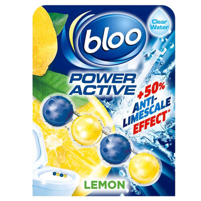 Bloo - Power Active Lemon Rim Block 50g features blue and yellow cleaning balls, providing +50% anti-limescale effect and clear water for lasting toilet freshness.