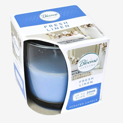 The Bloome Parfums Fresh Linen candle, in its signature blue container, offers a lasting fragrance experience with a burn time of up to 20 hours.