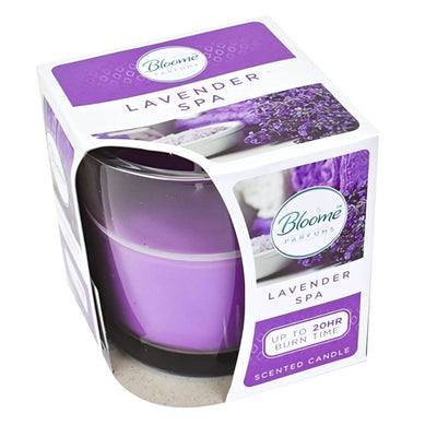 The Bloome Parfums Lavender Spa candle in a purple jar offers a calming aroma and lasts up to 20 hours.