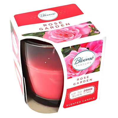 The Bloome Parfums - Rose Garden candle, featuring red packaging with pink rose images, emits a delightful floral scent and burns for up to 20 hours.