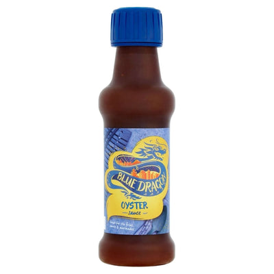 A 150ml plastic bottle of Blue Dragon Oyster Sauce with a blue cap and yellow-blue label showing the Blue Dragon brand name and product details.