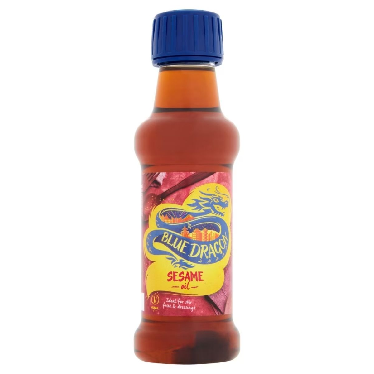 A 150ml bottle of Blue Dragon Sesame Oil, featuring a blue cap and a yellow label with a dragon design, ideal for enhancing Asian-inspired dishes.