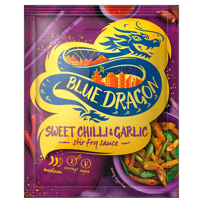 Front of a Blue Dragon - Sweet Chilli & Garlic Stir Fry Sauce 120g packet with dragon logo and vegetable images. Medium spice, vegan garlic sauce; serves two.