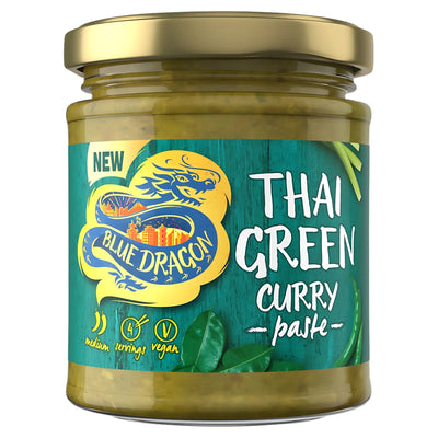 A 170g jar of Blue Dragon Thai Green Curry Paste with a gold lid and green label; vegan, medium spice, infused with lemongrass for authentic Thai flavor, and serves four.