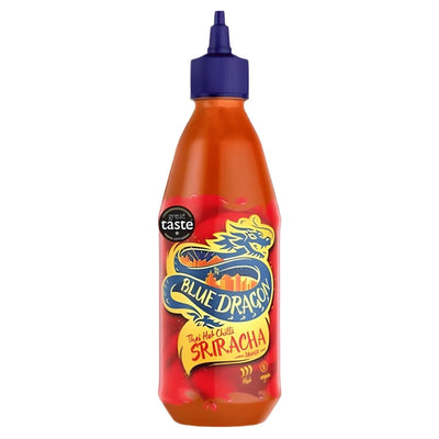 A 435ml bottle of Blue Dragon Thai Hot Chilli Sriracha Sauce, featuring the Blue Dragon brand and a blue cap with a dragon design on the label.