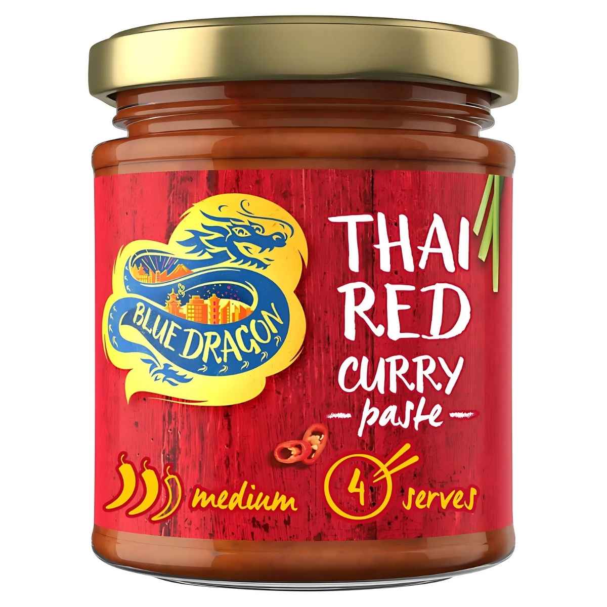 A 170g jar of Blue Dragon Thai Red Curry Paste features a gold lid and dragon symbol, indicating a medium spice level that serves 4. Ideal for making authentic Thai dishes at home.