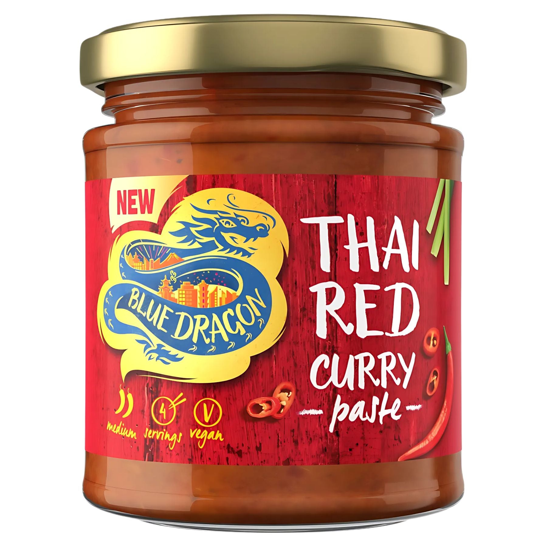 Blue Dragon Thai Red Curry Paste (170g) adds authentic Thai flavor to your dishes, featuring a red label with a blue dragon logo and chili pepper images.