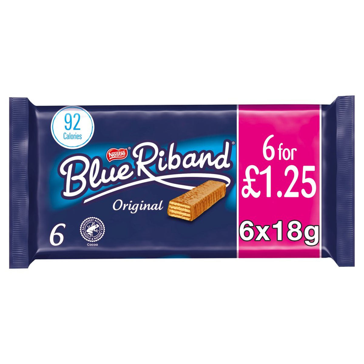 A Nestle - Blue Riband Milk Chocolate Wafer Biscuit Bar Multipack - 6x18g on a white background.