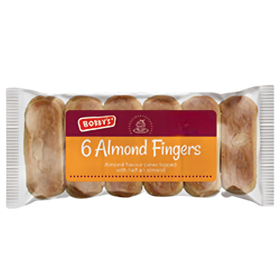 A clear plastic-wrapped pack of Bobby's - 6 Almond Fingers - 280g, showing six nutty cakes inside with a red and orange front label.