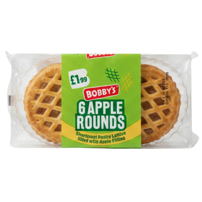 A plastic pack of Bobby's 6 Apple Rounds (255g), a bakery dessert with shortcrust pastry and apple filling, is shown with a green label. Price: £1.99. Brand: Bobby's.