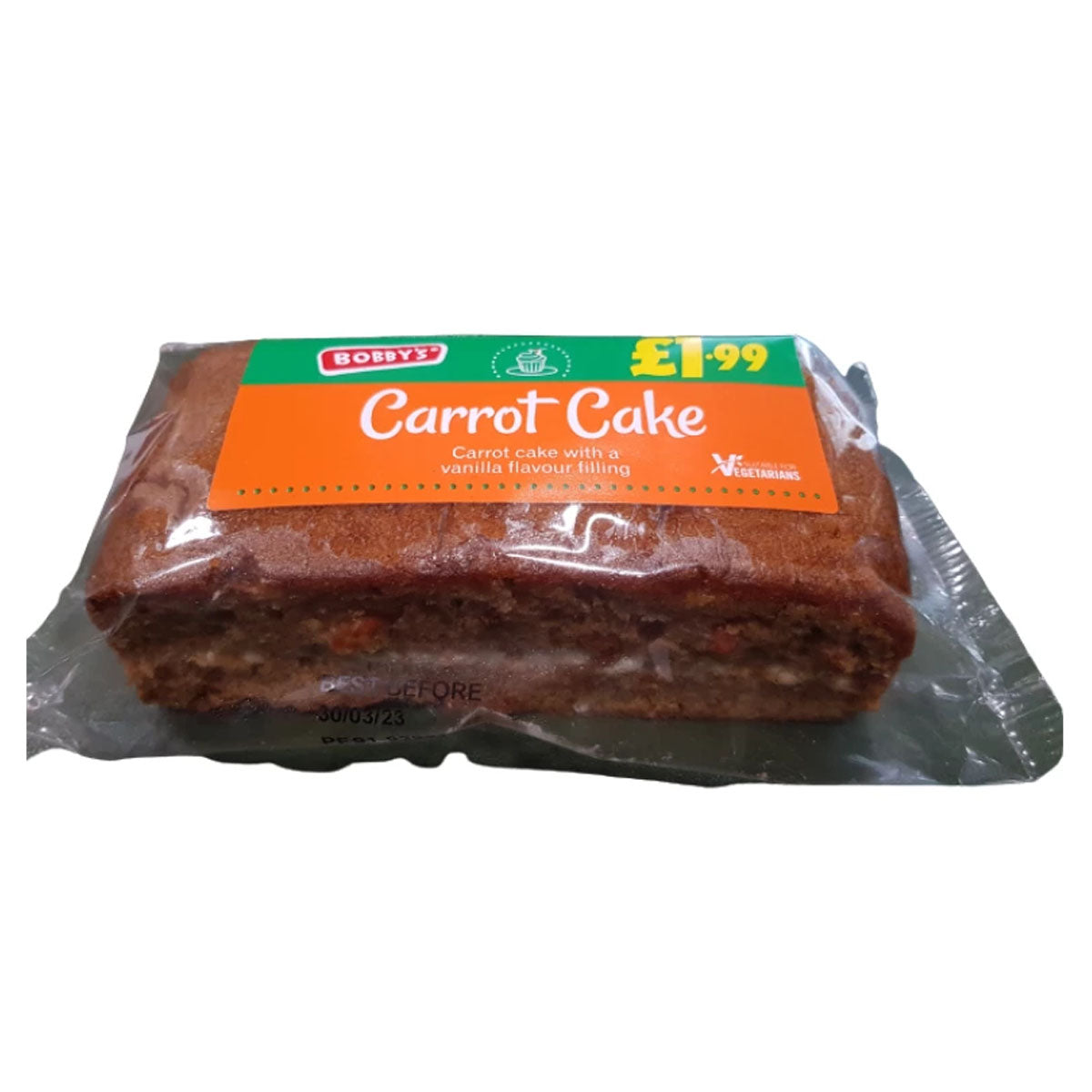 A Bobby s - Carrot Cake - 275g in a package on a white background.
