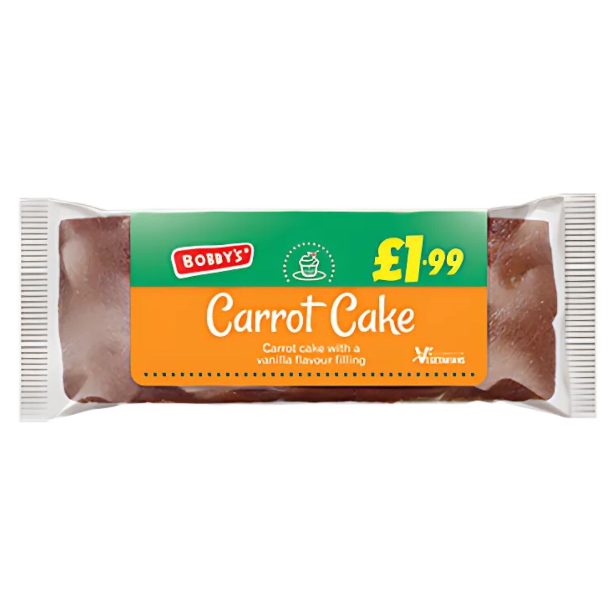 A wrapped bar of Bobby's Carrot Cake, priced at £1.99, is described on the packaging as featuring carrot cake with a vanilla flavor filling and has a weight of 275g.