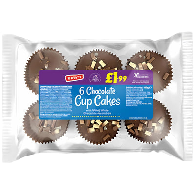 A clear plastic pack of Bobby's - Chocolate Cup Cake - 6pcs, each with rich chocolate flavor and chocolate toppings. The label reads "6 Chocolate Cup Cakes" and shows a price of £1.99.