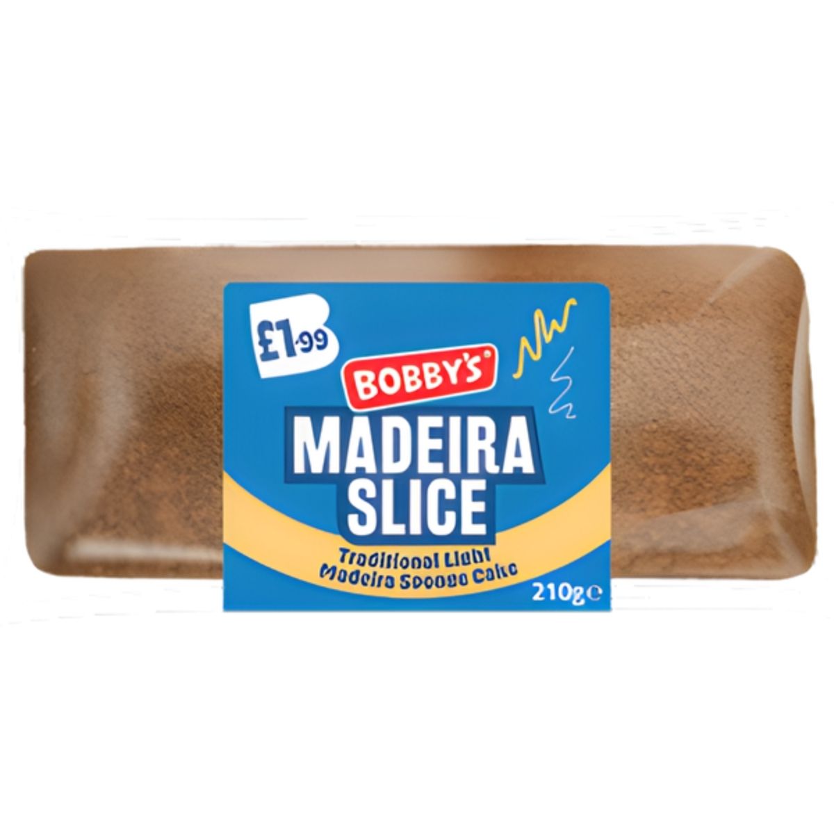 A 210g packaged Bobby's Madeira Slice sponge cake features a blue and yellow label with the price £1.99.
