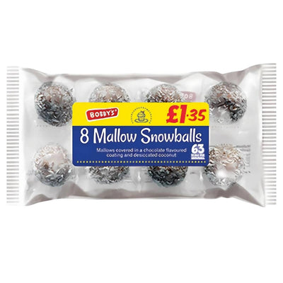 Bobbys Mallow Snowballs 8pcs—chocolate-covered marshmallows with desiccated coconut—are priced at £1.35.