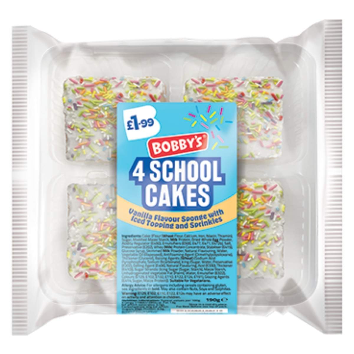 Savor Bobby's School Cakes 4 Pack, featuring four vanilla sponge delights topped with icing and sprinkles. A sweet addition to your lunch for just £1.99.