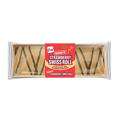 Bobby's Strawberry Swiss Roll 300g features light sponge cake, strawberry fruit filling, chocolate-flavour decoration, and is priced at £1.89.