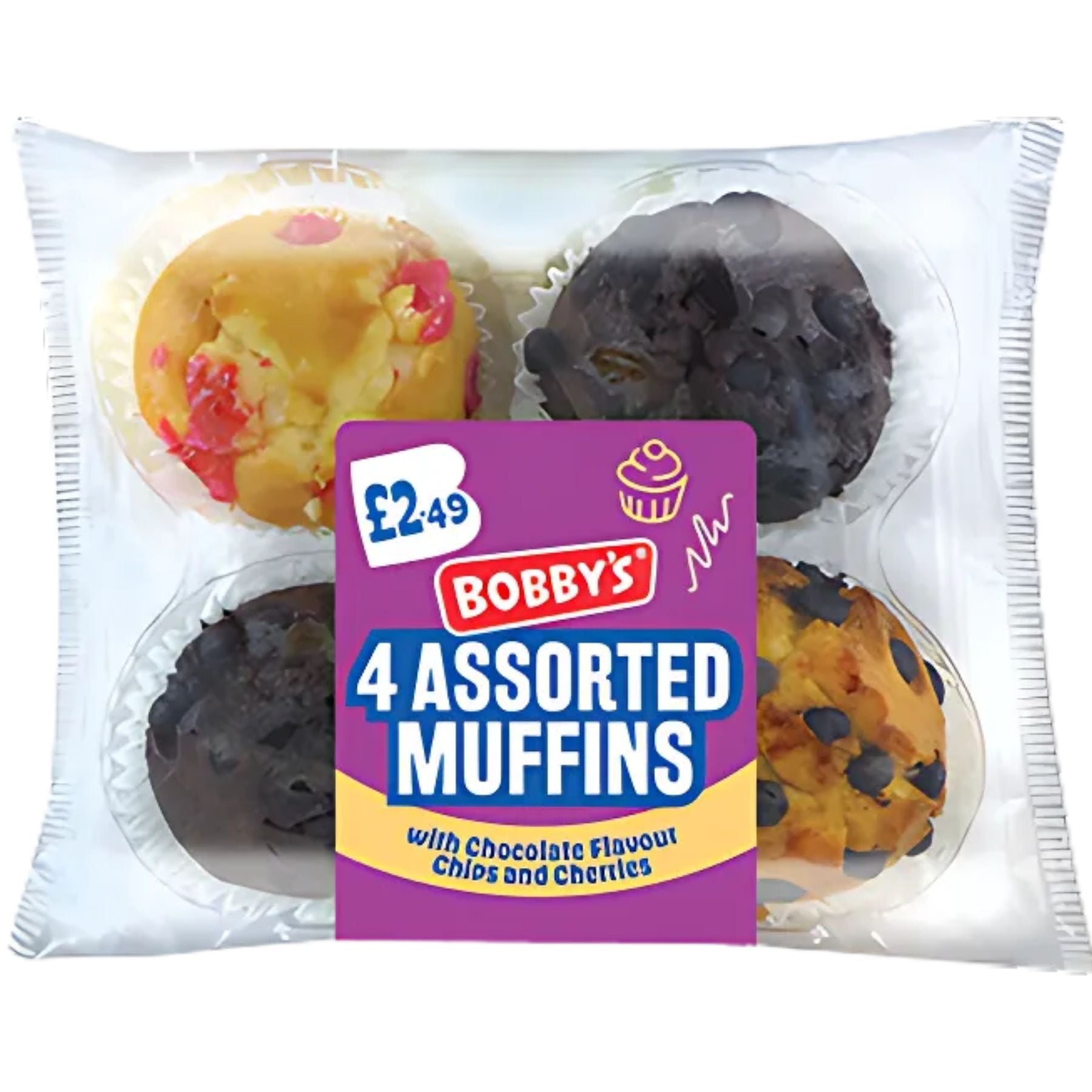 A clear plastic pack labeled "Bobbys - 4 Assorted Muffins - 285g" contains four assorted muffins, including double chocolate and cherry flavoured varieties, priced at £2.49.
