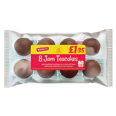Bobbys 8 Jam Teacakes (147g) come in a yellow and red pack for £1.35. These round treats have a chocolate coating with fruity jam inside, making them an ideal teatime snack, clearly visible through the packaging.
