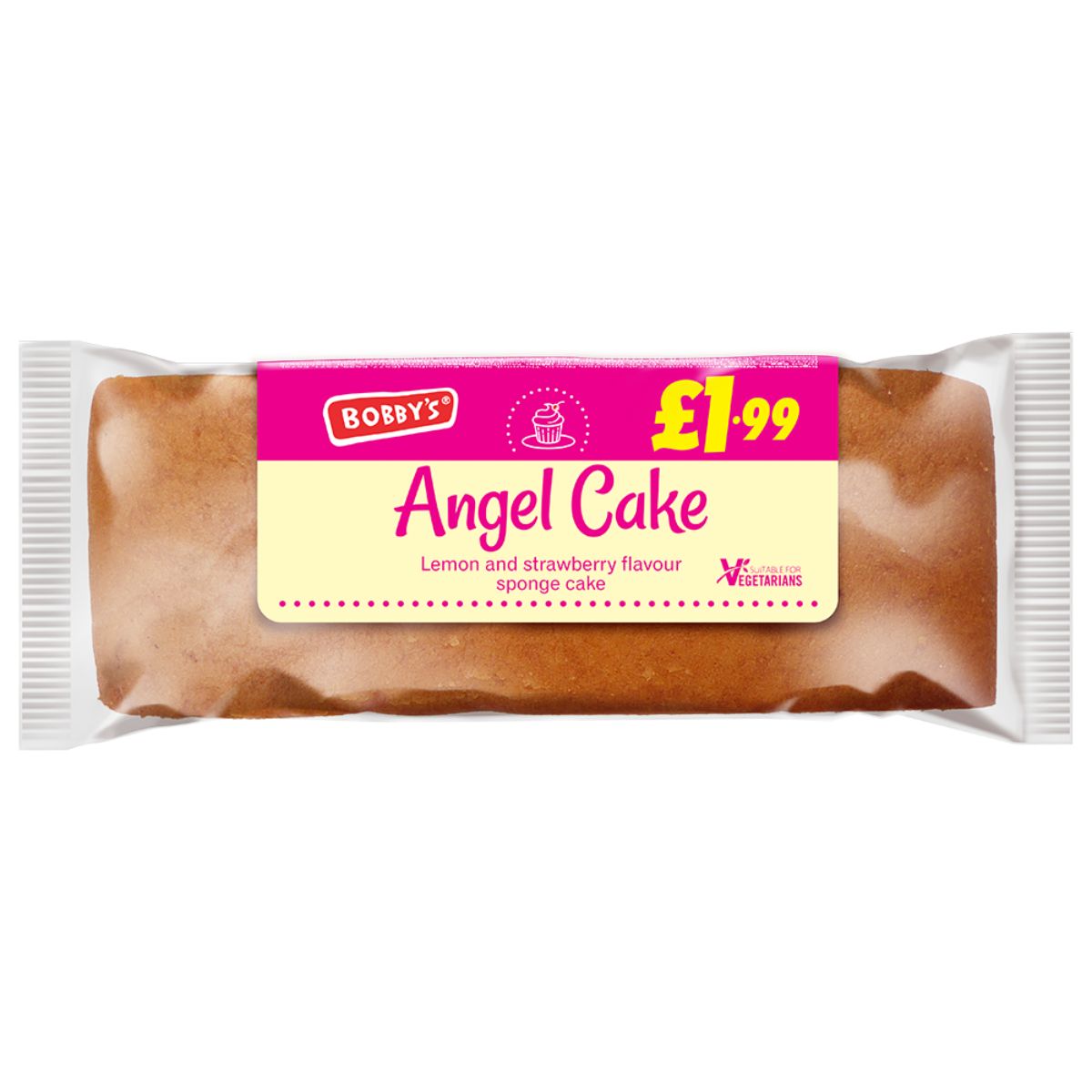 Packaged slice of angel cake labeled as "Bobbys - Angel Cake - 330g" with lemon and strawberry flavors, priced at £1.99.