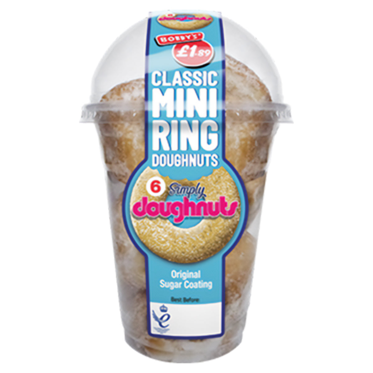 A cup of Bobbys - Mini Doughnuts - 6 Pack in a plastic container.