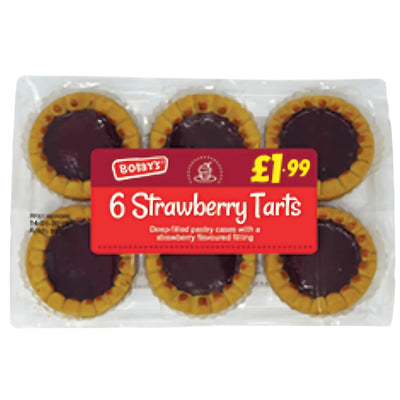 A plastic tray holds six Bobby's Strawberry Tarts, each with a strawberry-flavoured filling in crisp pastry cases. The red label reads "Bobbys - Strawberry Tarts - 6pcs" and the price is £1.99.