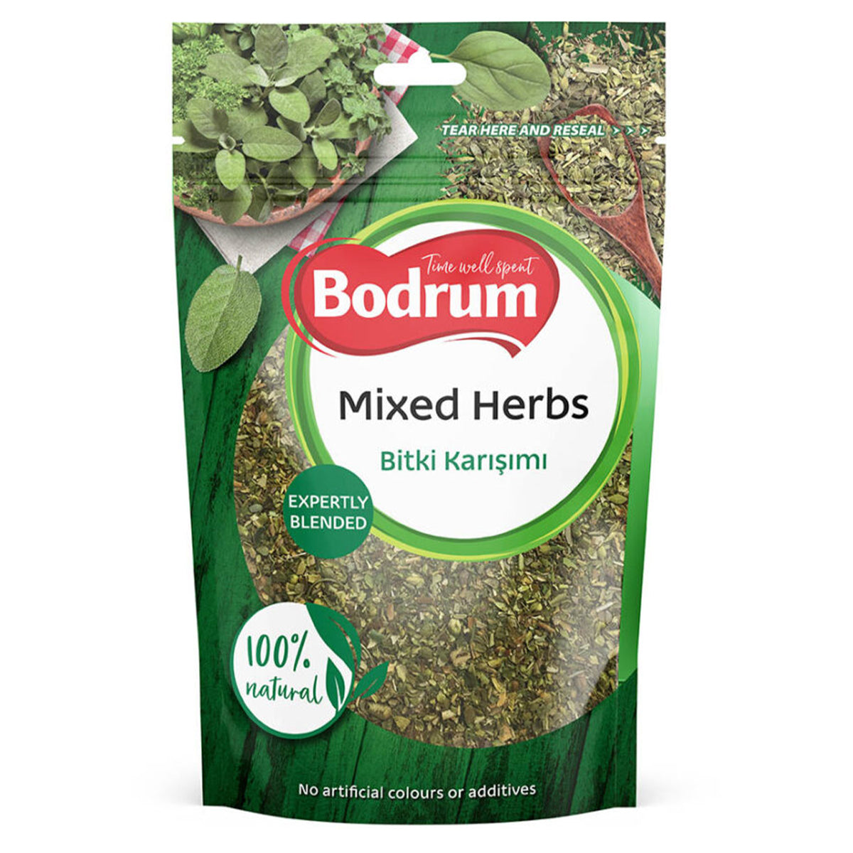 Aromatic 40g Bodrum Mixed Herbs, ideal for enhancing cooking, labeled 100% natural with no artificial colors or additives.