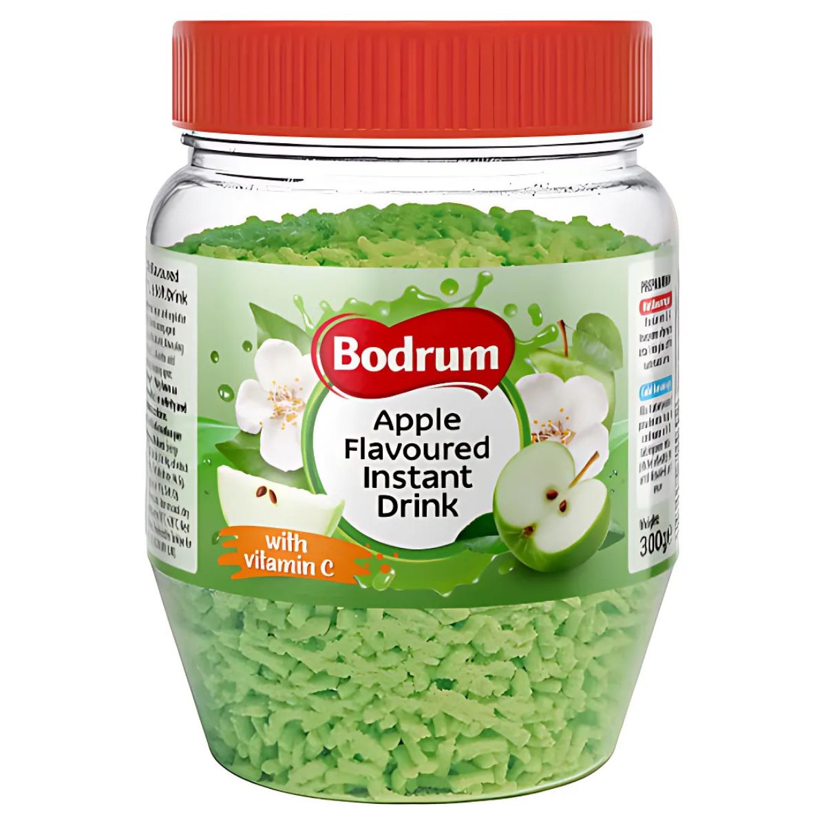 Experience a refreshing taste in every sip with Bodrum Apple Flavoured Instant Tea, featuring vibrant green granules, an orange lid, and labeled to contain vitamin C, all in a 300g jar.