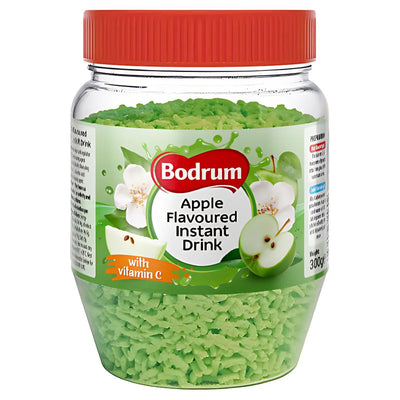 A clear plastic jar with a red lid, labeled Bodrum - Apple Flavoured Instant Drink - 300g, displays green granules and images of green apples and white flowers—ideal for fans of refreshing Bodrum instant drinks.