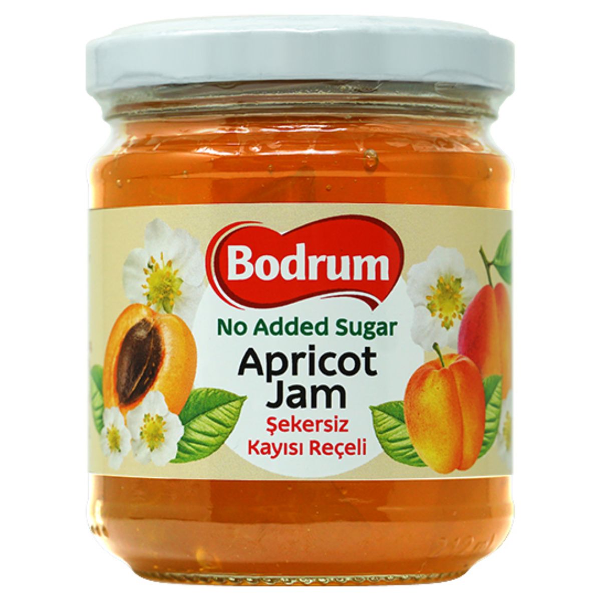 A jar of Bodrum - Apricot Jam - 240g with no added sugar.