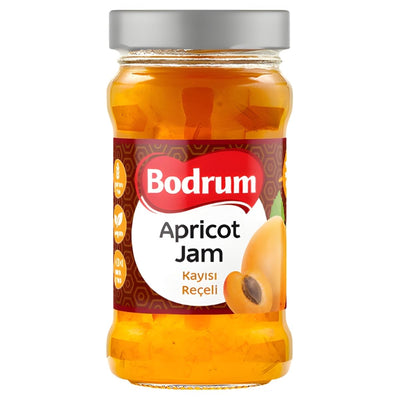 Bodrum Apricot Jam 380g comes in a glass jar with a silver lid and a bilingual label featuring an apricot—delicious fruit preserve for your breakfast table.
